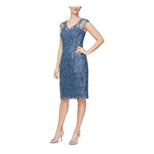 ALEX EVENINGS Blue Illusion Lined Cap Sleeve Knee Length Sheath Dress Sz 10-NWT